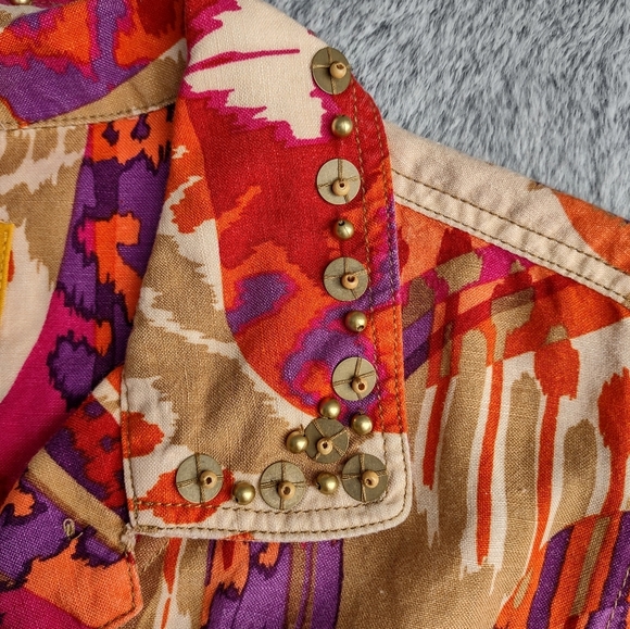 Ruby Rd. Abstract Linen Blend Shirt Size 16 Red & Tan - Picture 4 of 8